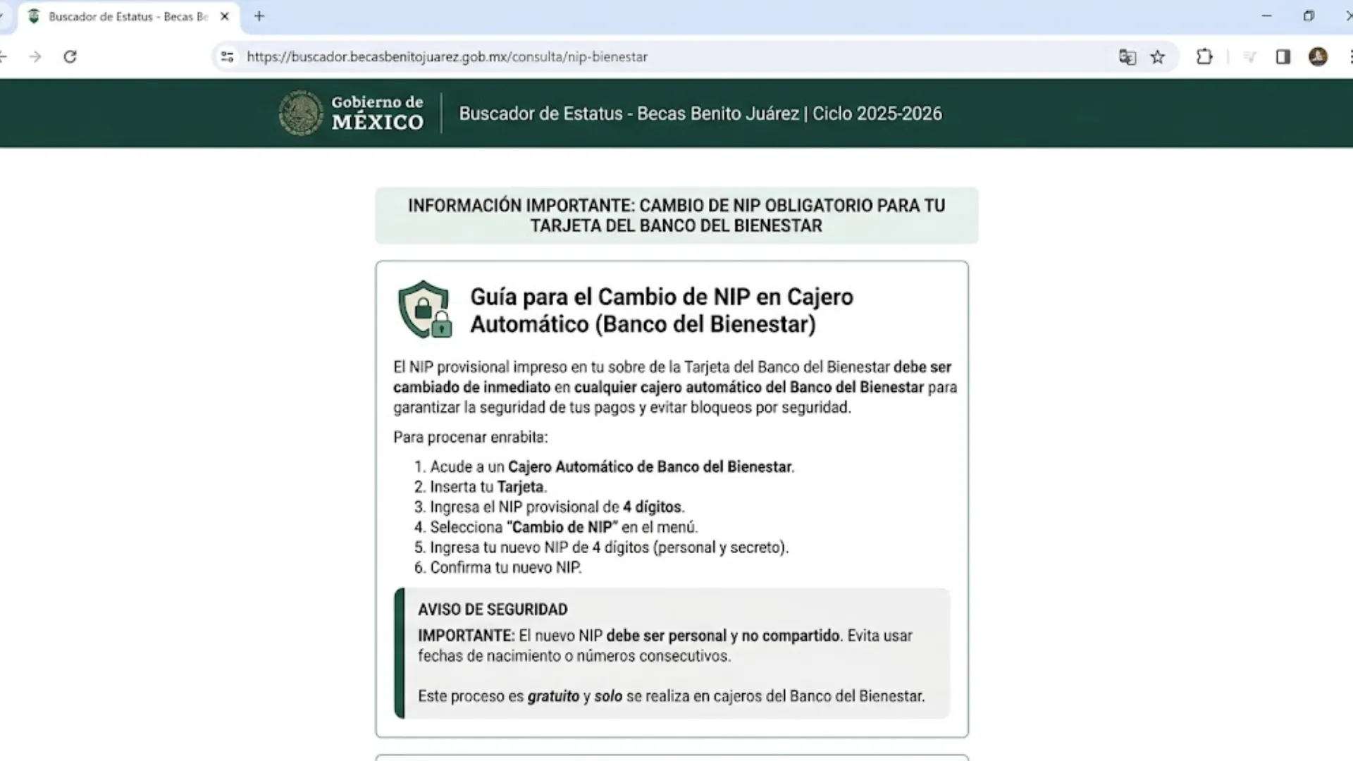 Cambiar el NIP de la Tarjeta del Banco del Bienestar