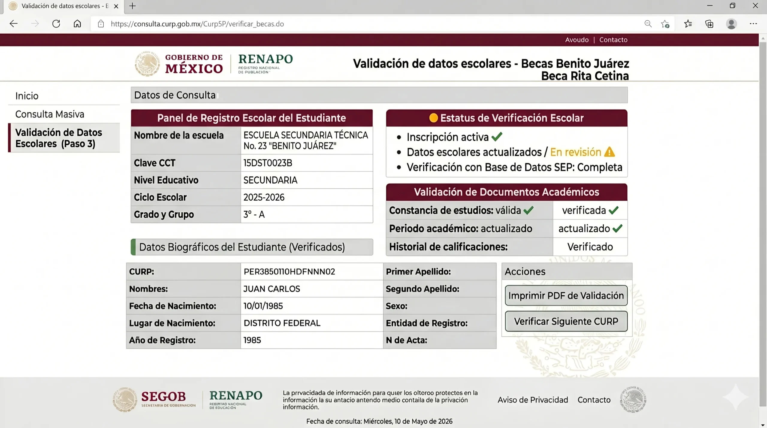 Confirma que los datos escolares estén actualizados