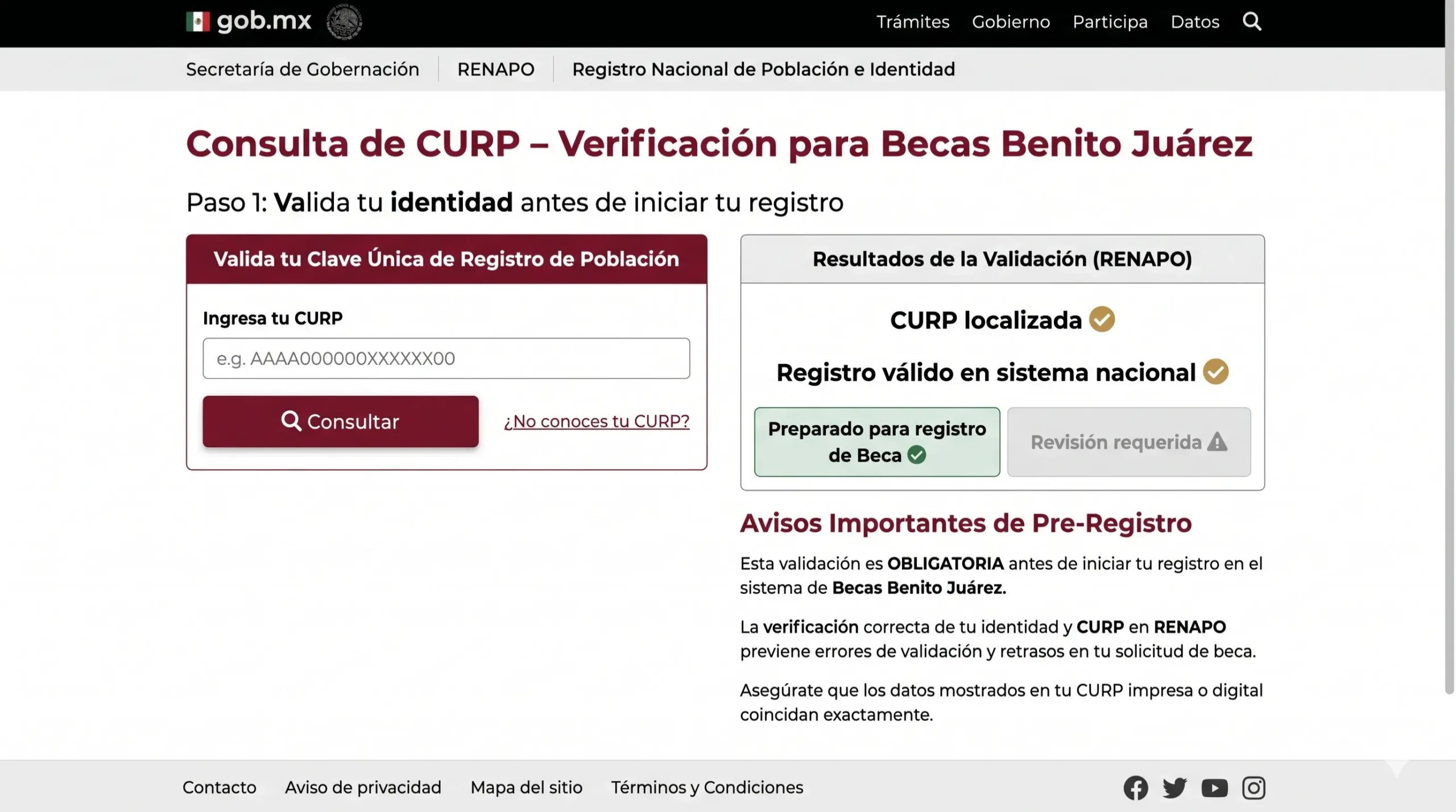 Consultar CURP antes del registro Benito Juárez