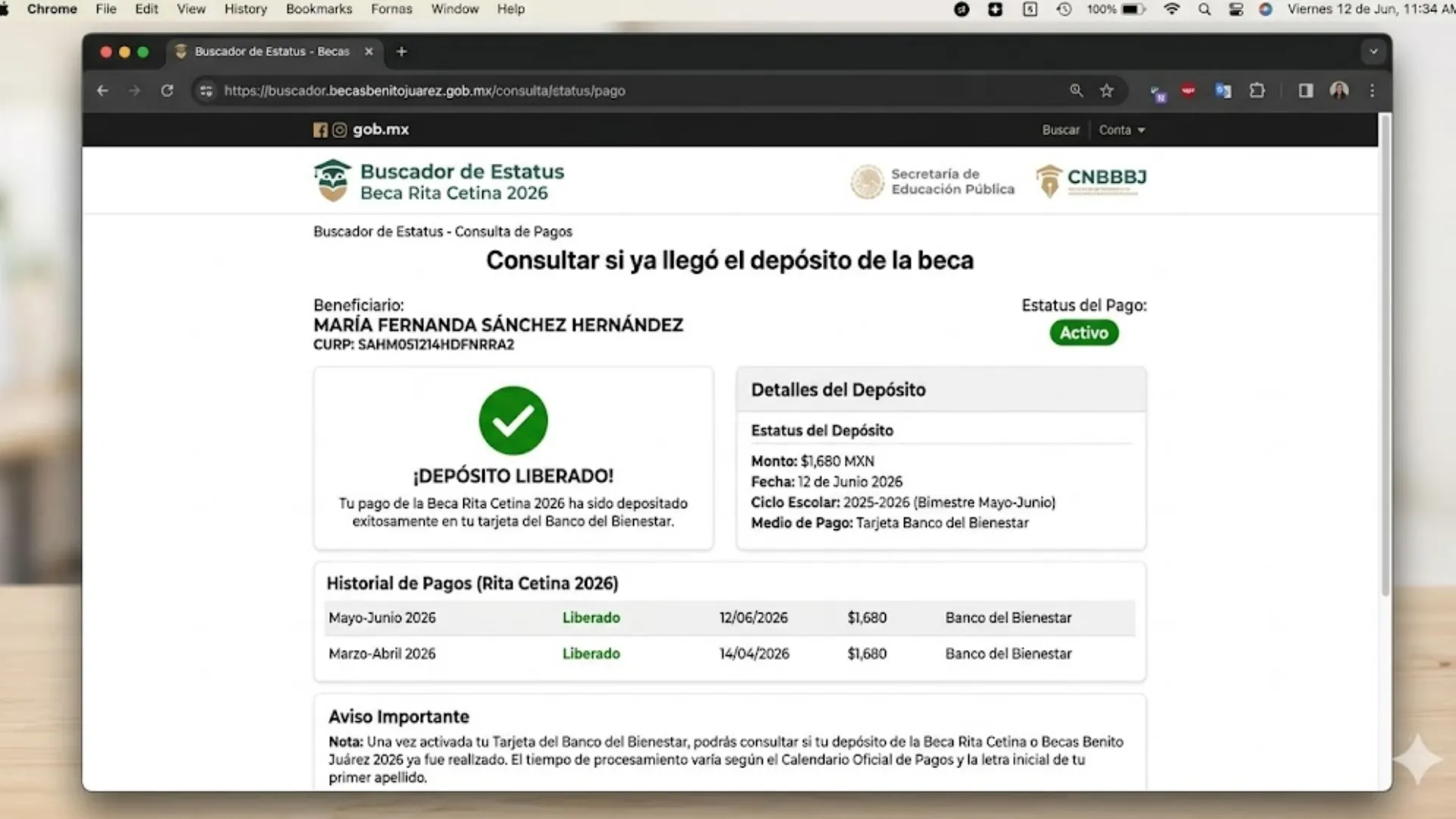 Consultar si ya llegó el depósito de la beca