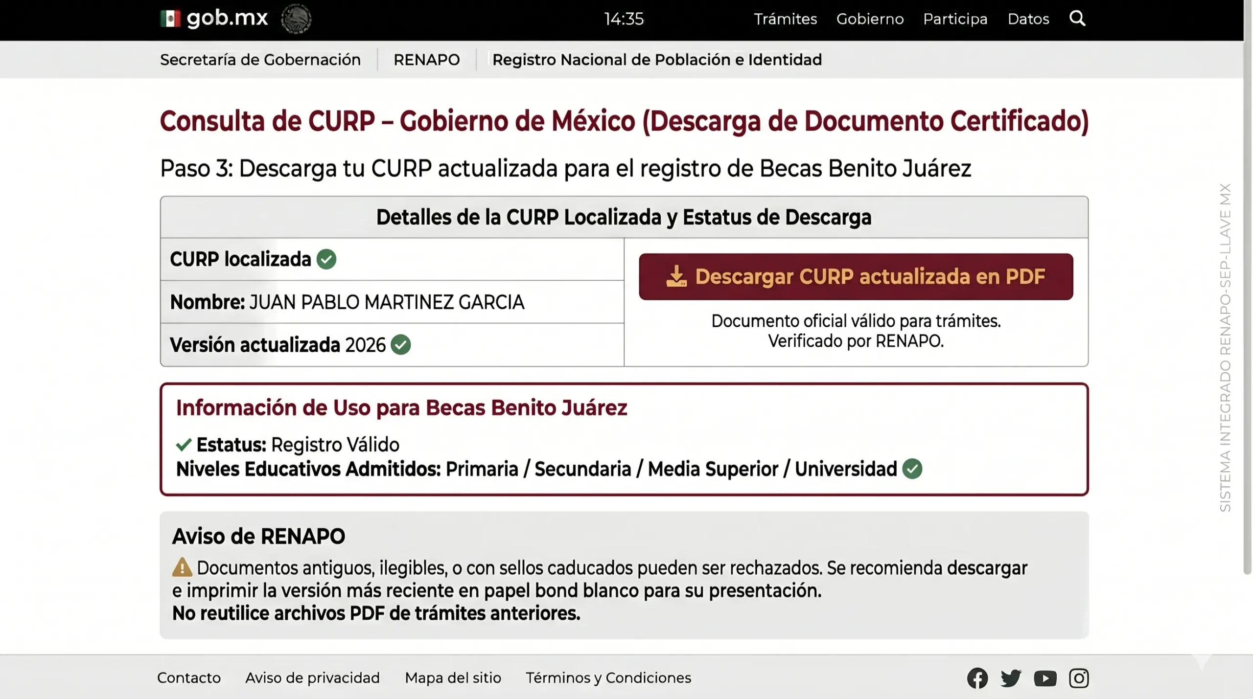 Descargar CURP actualizada para Becas Benito Juárez