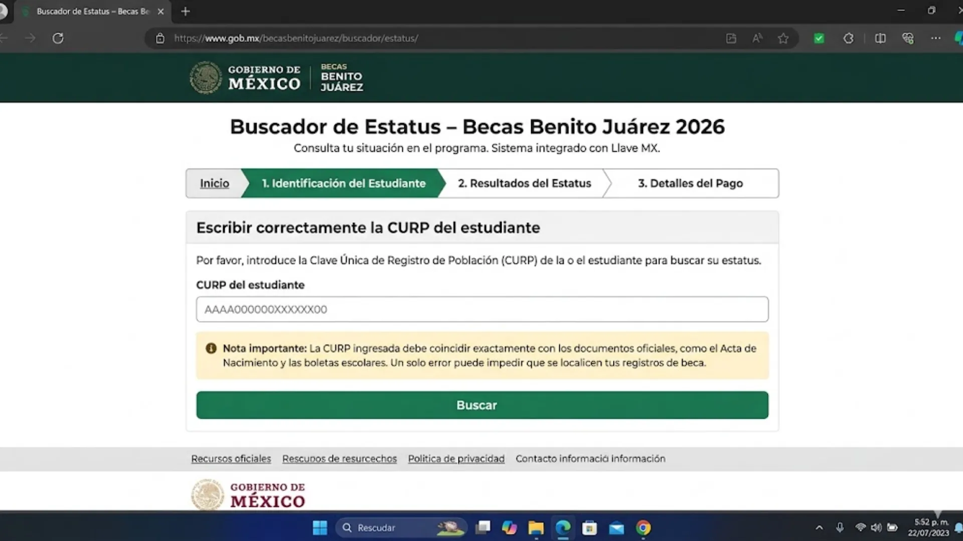Escribir correctamente la CURP del estudiante