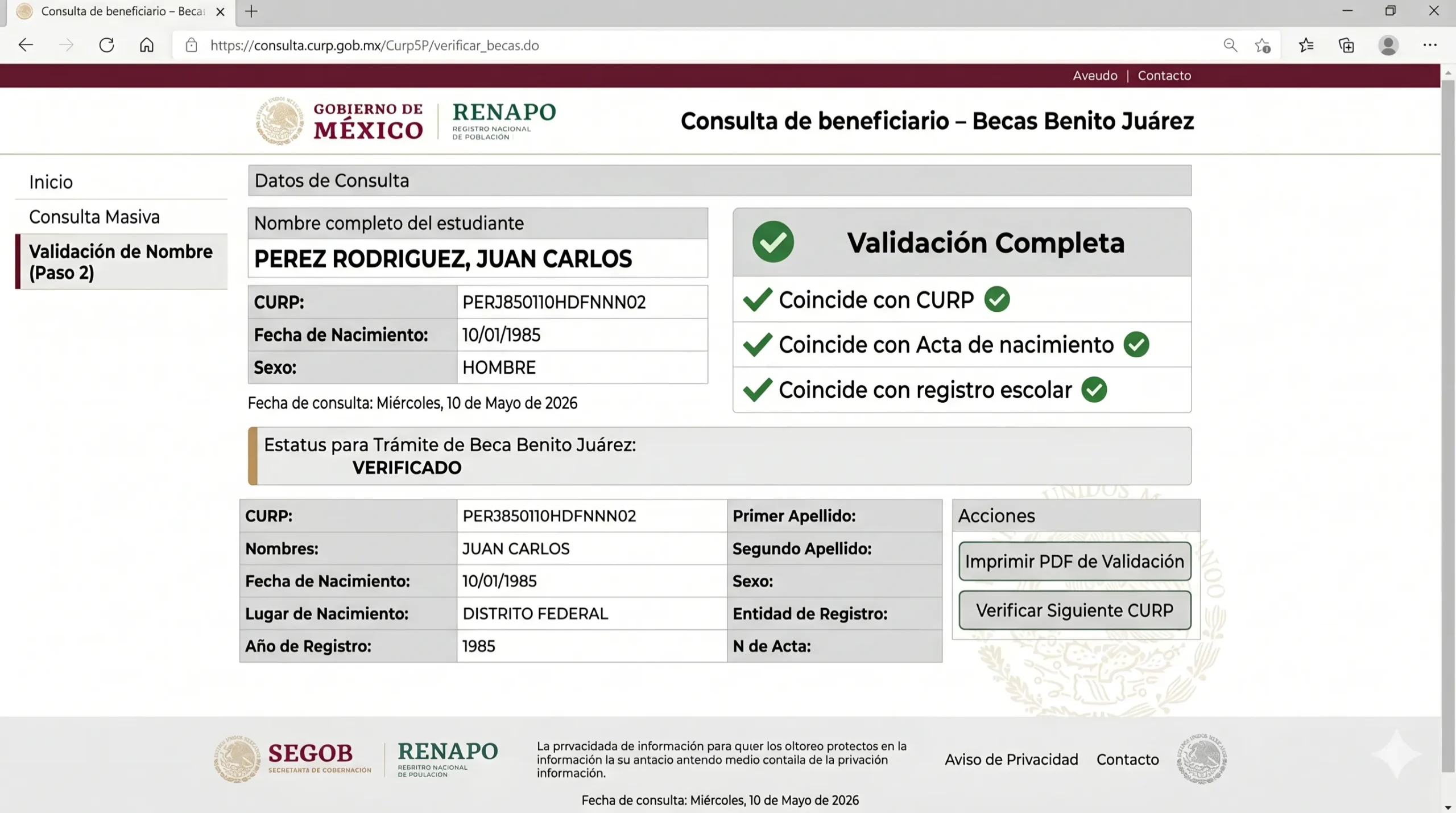 Revisa cuidadosamente el nombre completo del estudiante