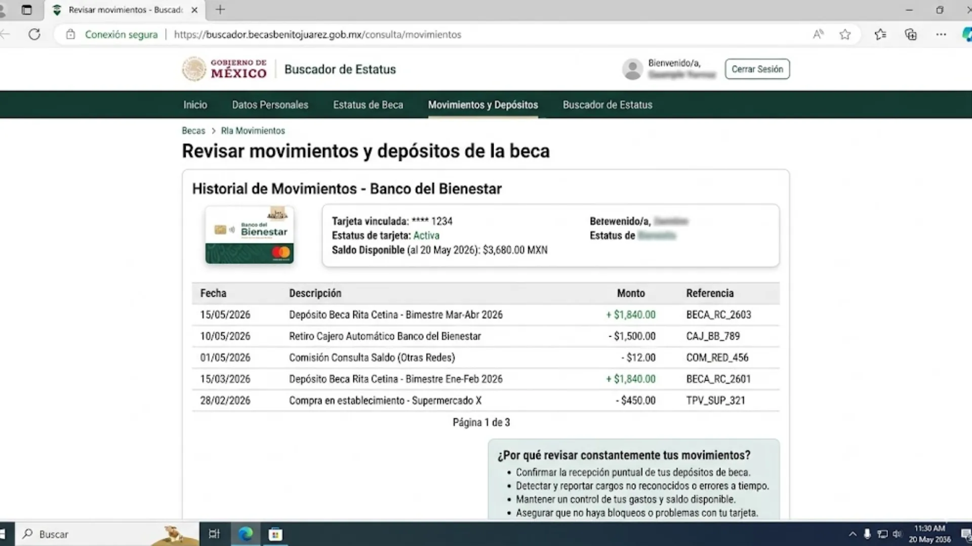 Revisar movimientos y depósitos de la beca