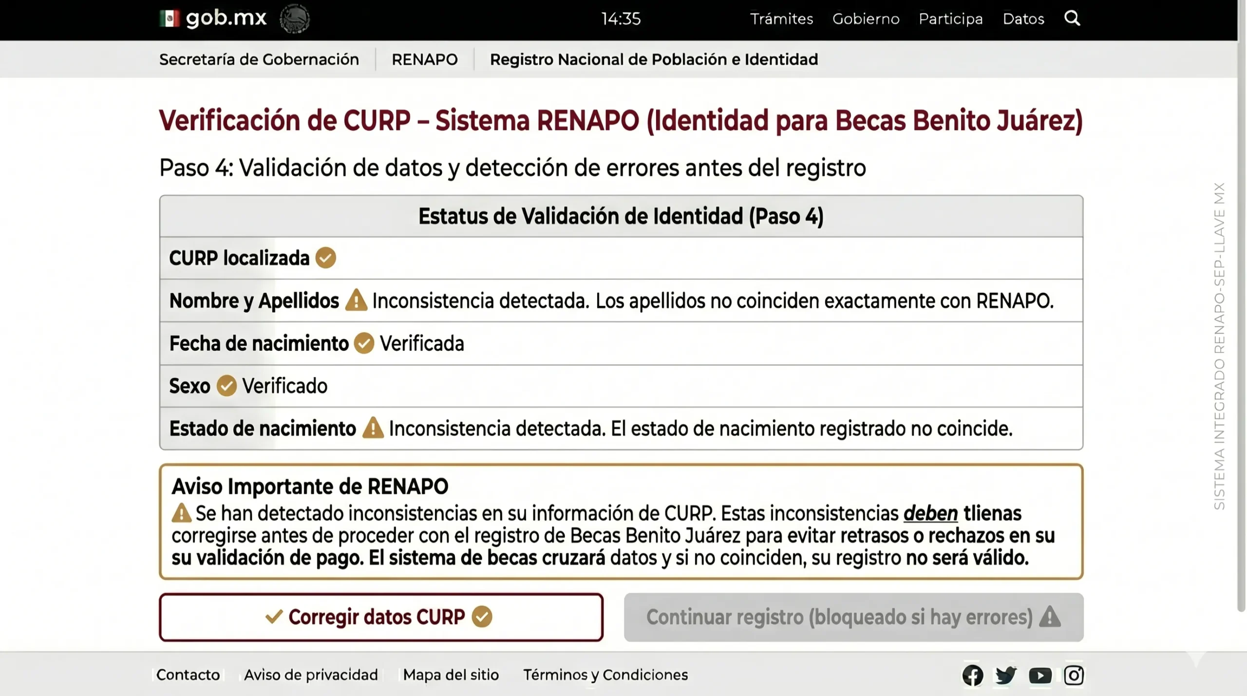 Verificar que la CURP no tenga errores