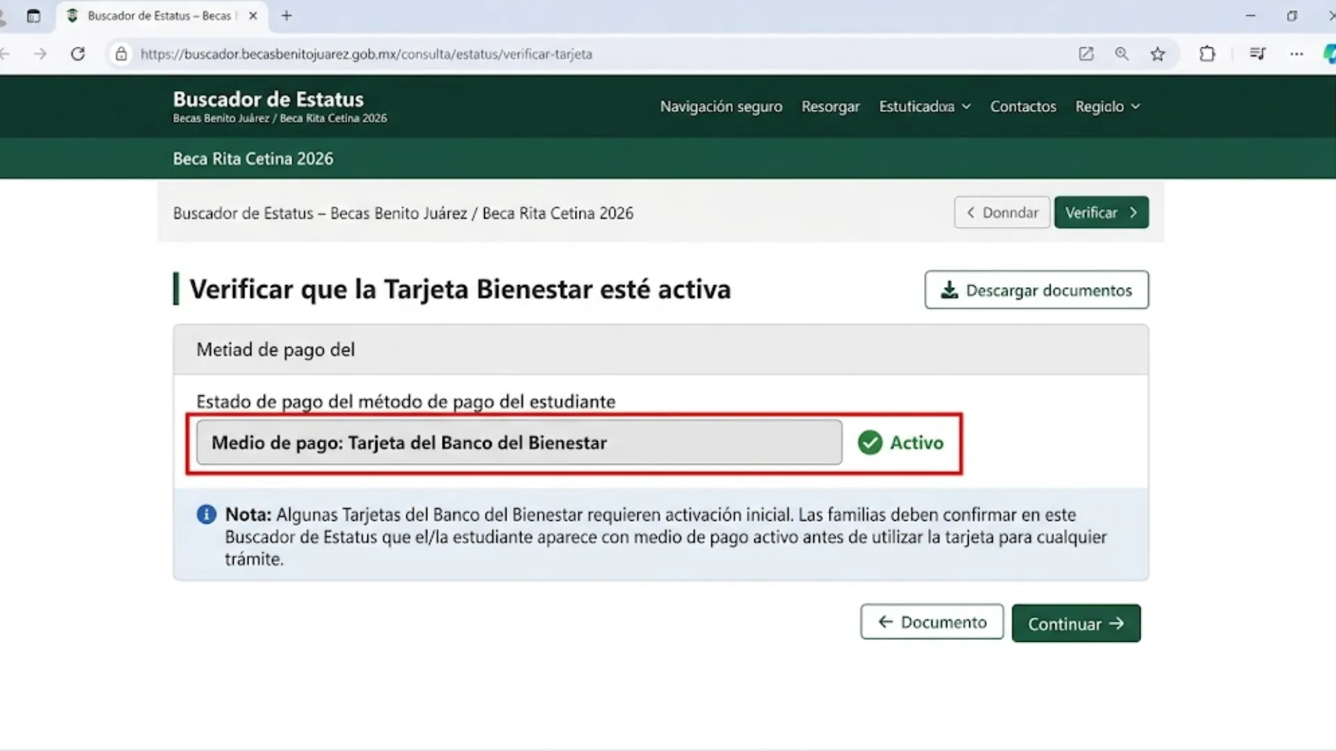 Verificar que la Tarjeta Bienestar esté activa